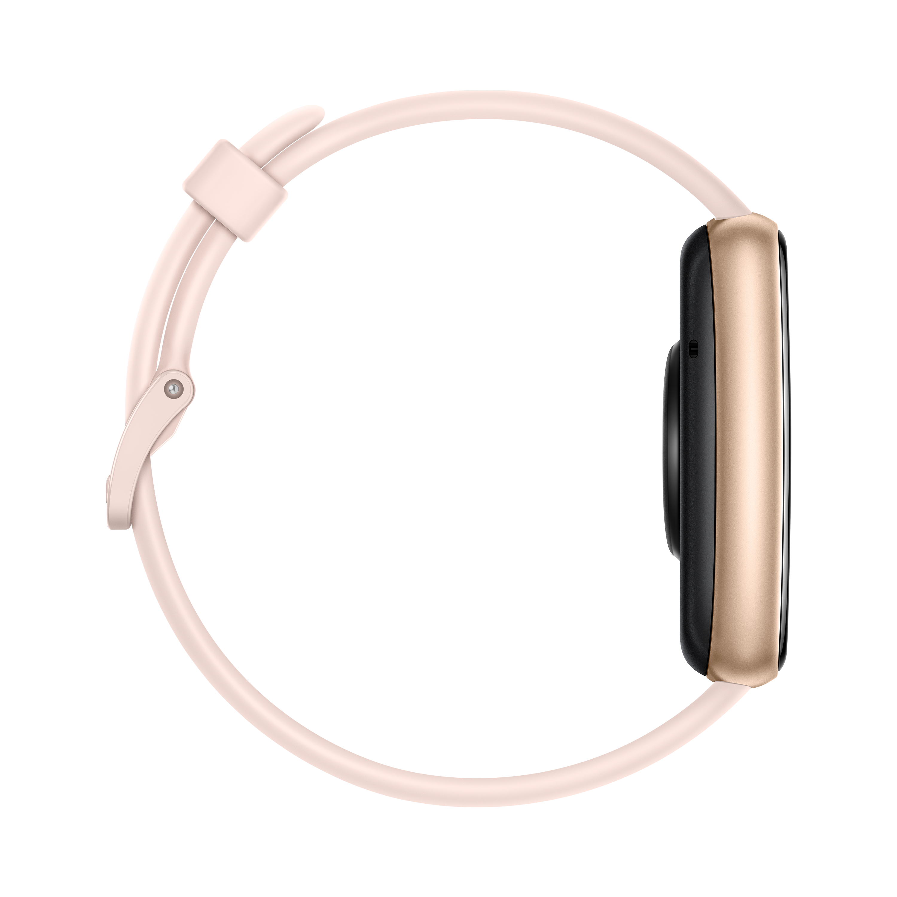 Smartwatch con correa rosa y caja dorada, vista desde arriba, lateralmente.