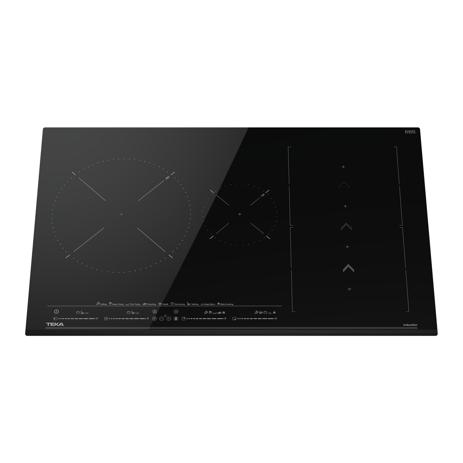 Una placa de inducción negra con dos zonas de cocción y controles táctiles. La marca Teka es visible.