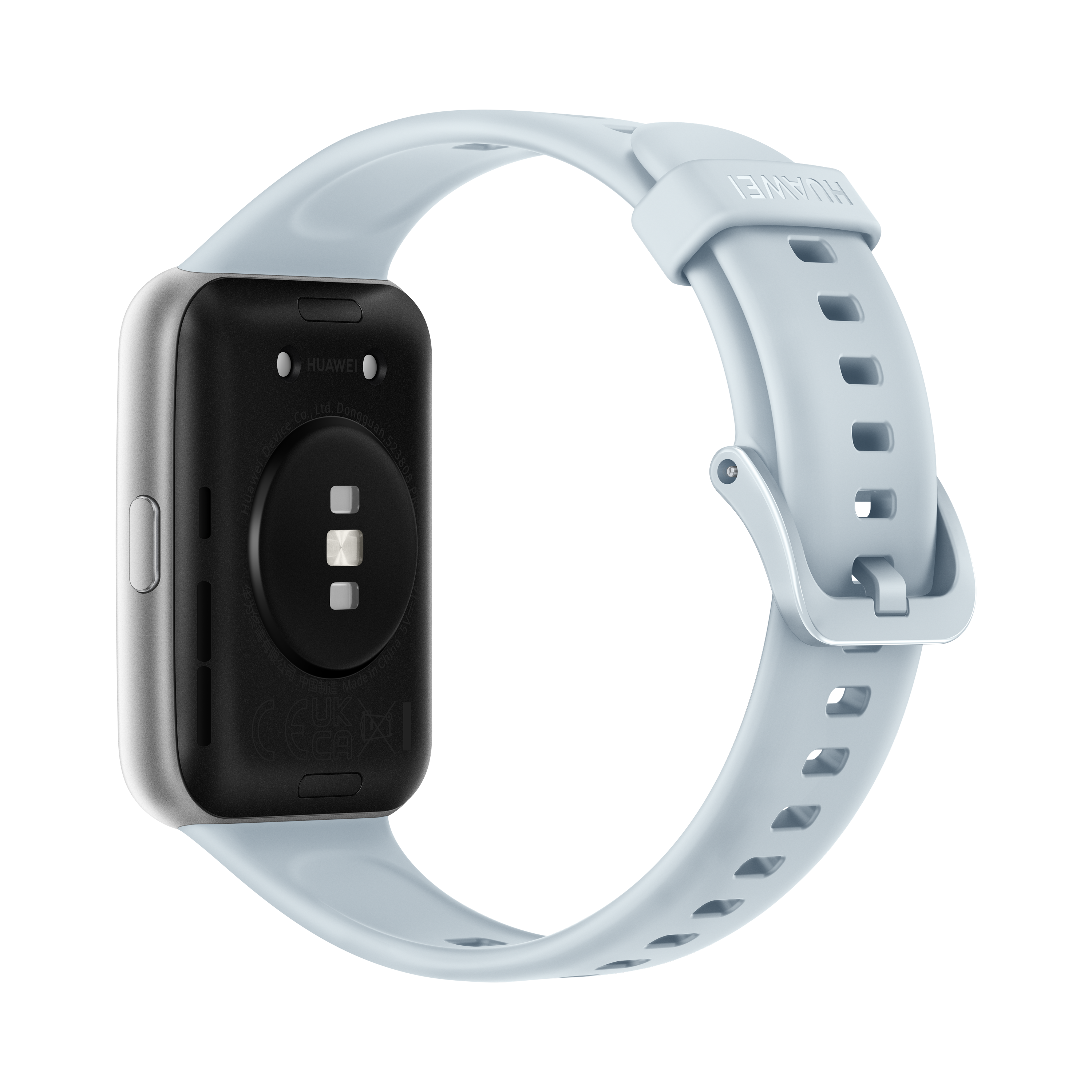 Smartwatch, correa azul claro y caja plateada, parte trasera negra. Aislada sobre fondo negro.
