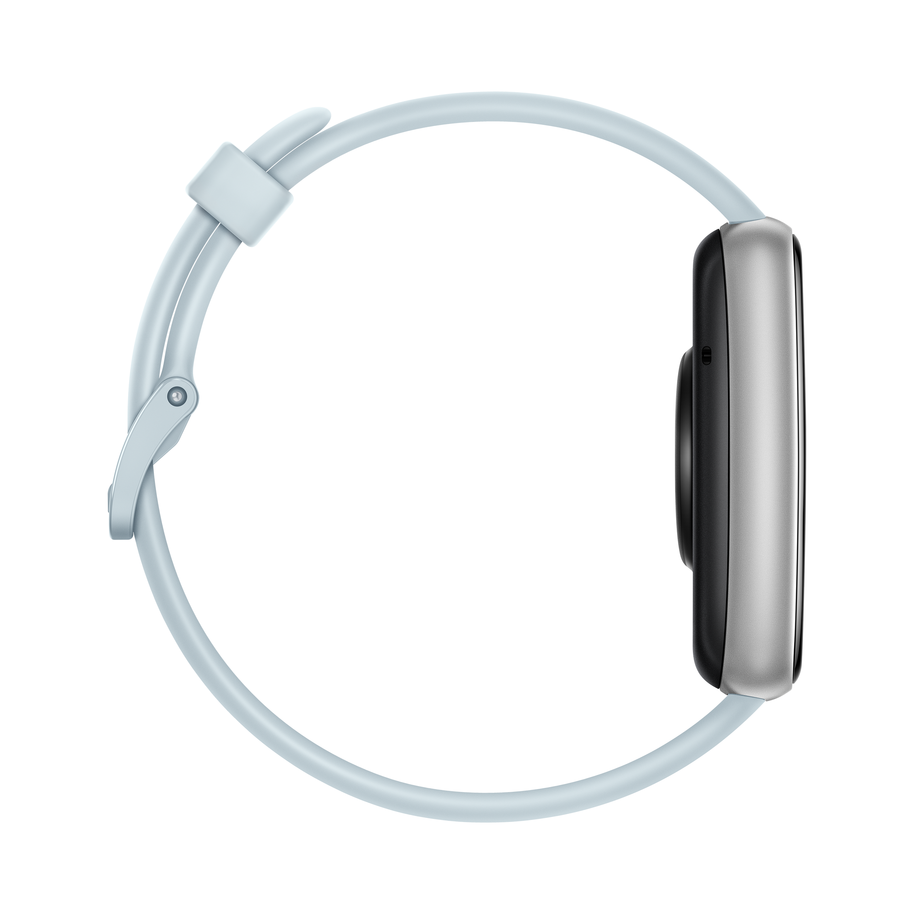 Smartwatch, correa azul claro, vista lateral, pantalla negra, caja plateada.