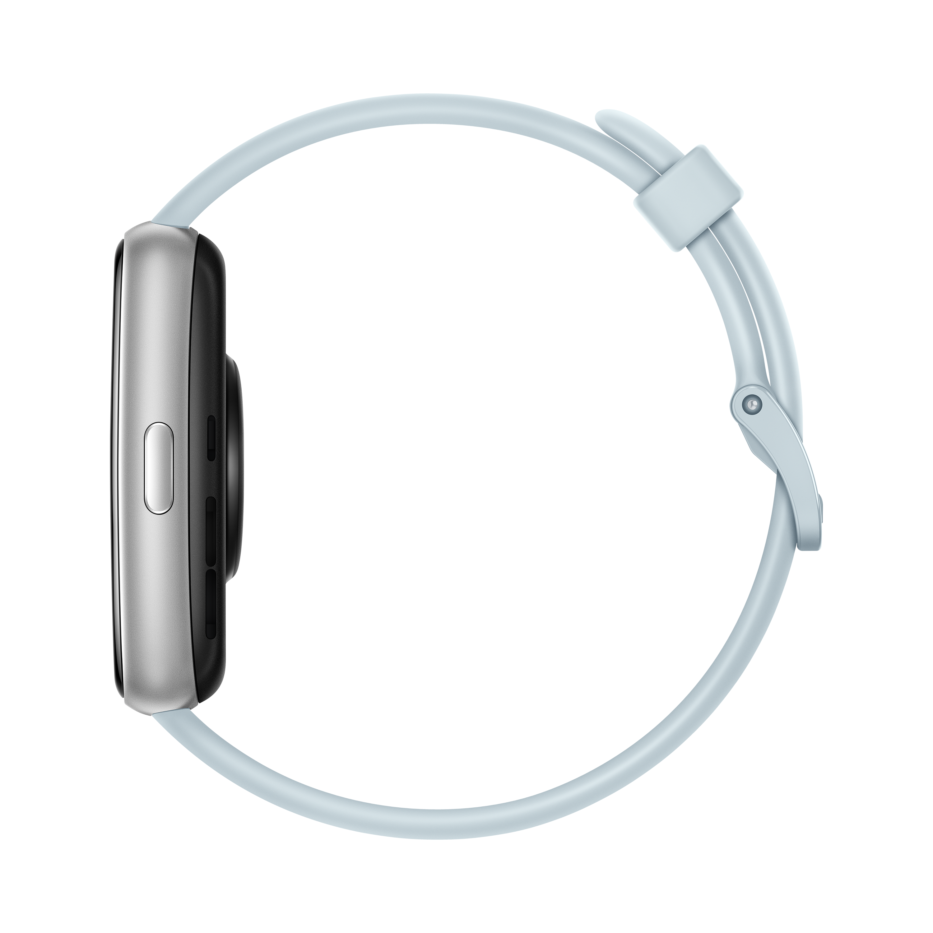 Smartwatch azul claro con pantalla rectangular y correa azul claro.