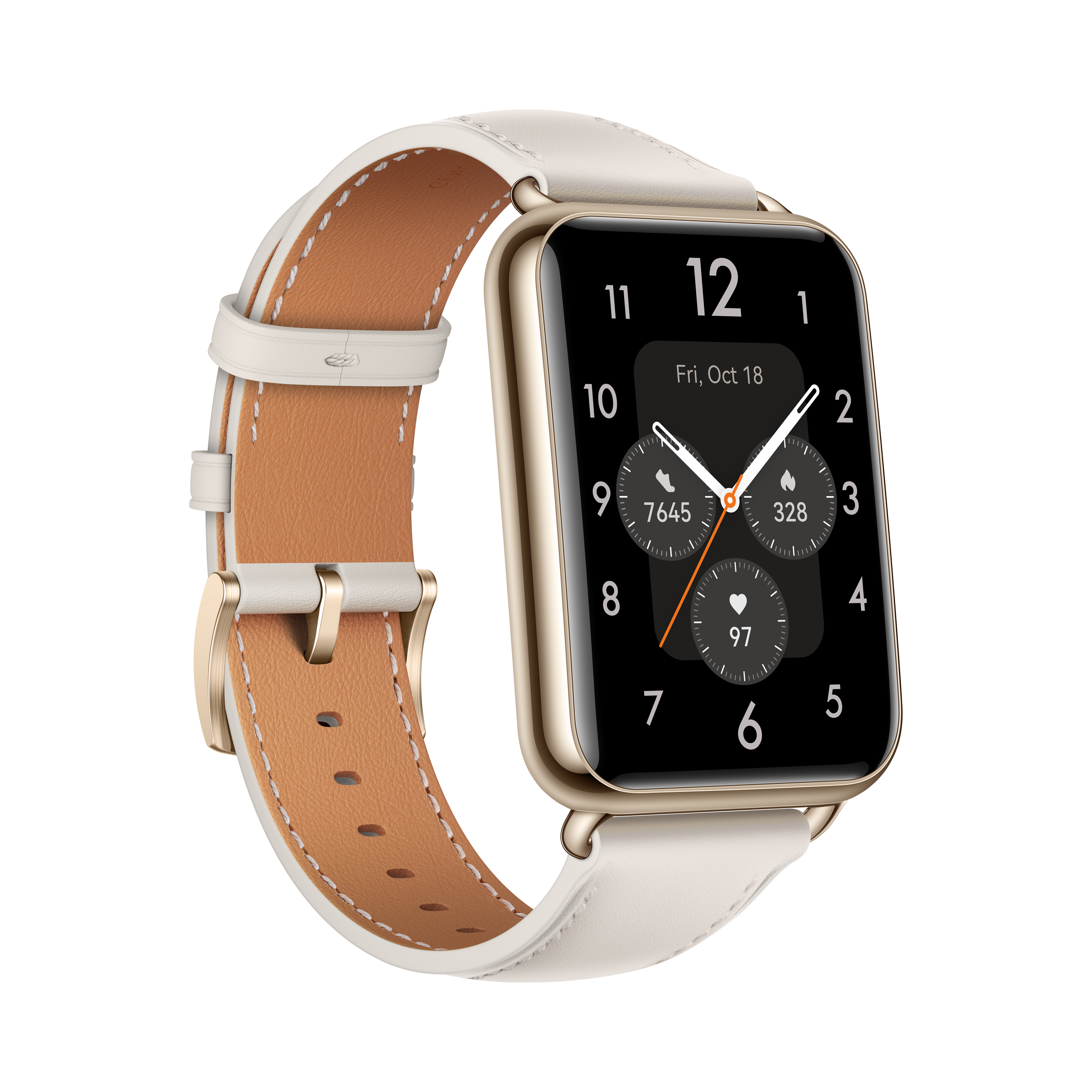 Un reloj inteligente dorado con correa de cuero blanco. La esfera muestra la hora, la fecha y las métricas de salud.