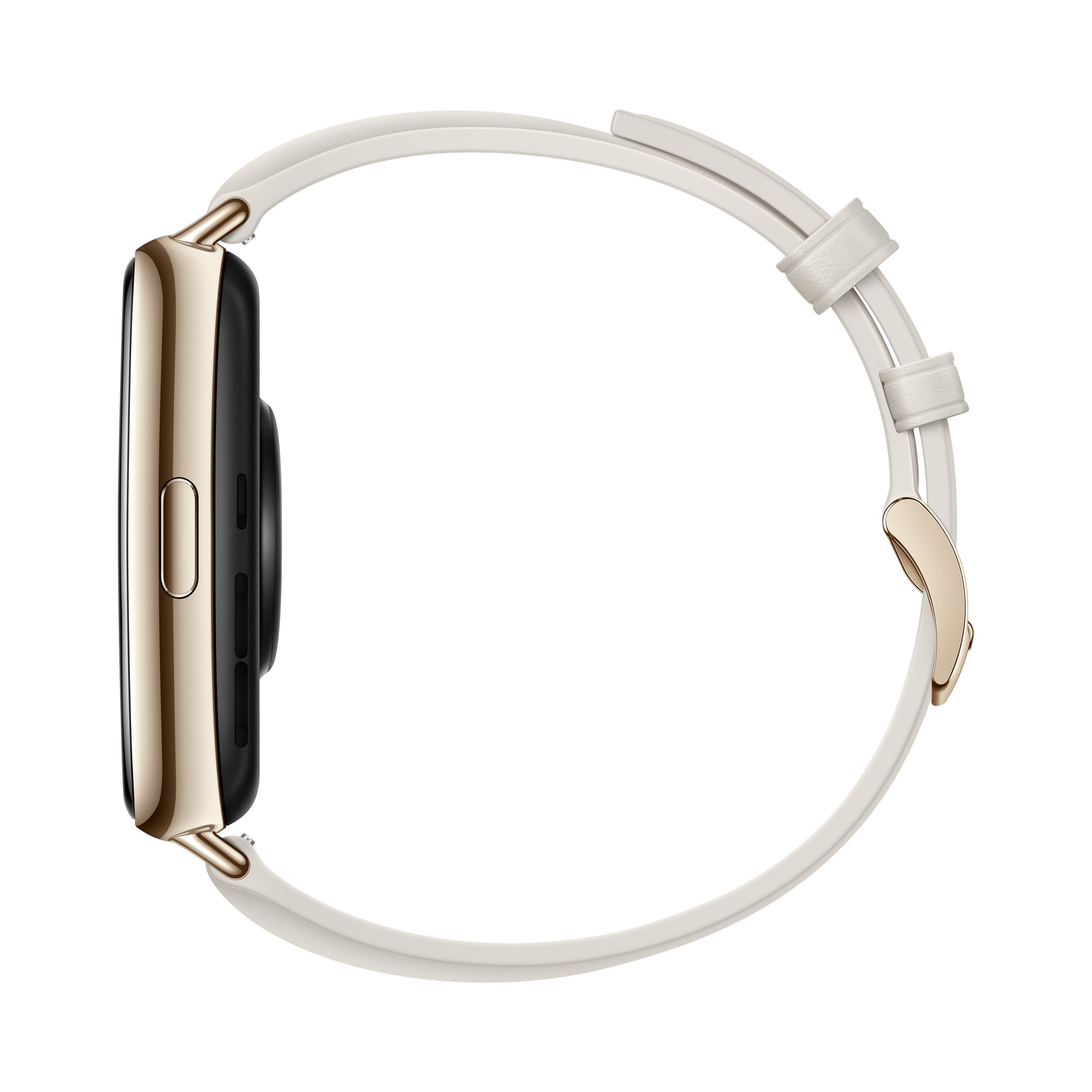 Smartwatch dorada con correa blanca y pantalla negra, vista de perfil sobre fondo negro.