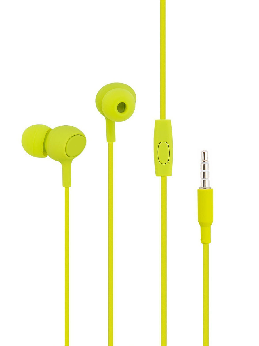 Lime zöld fülhallgató vezérlőgombbal és 3,5 mm-es jack csatlakozóval.