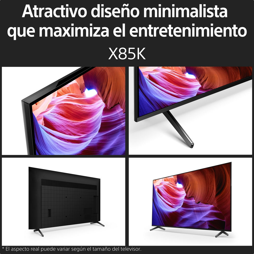 Pantalla de TV que muestra varios ángulos, destacando el diseño y las características de la pantalla.