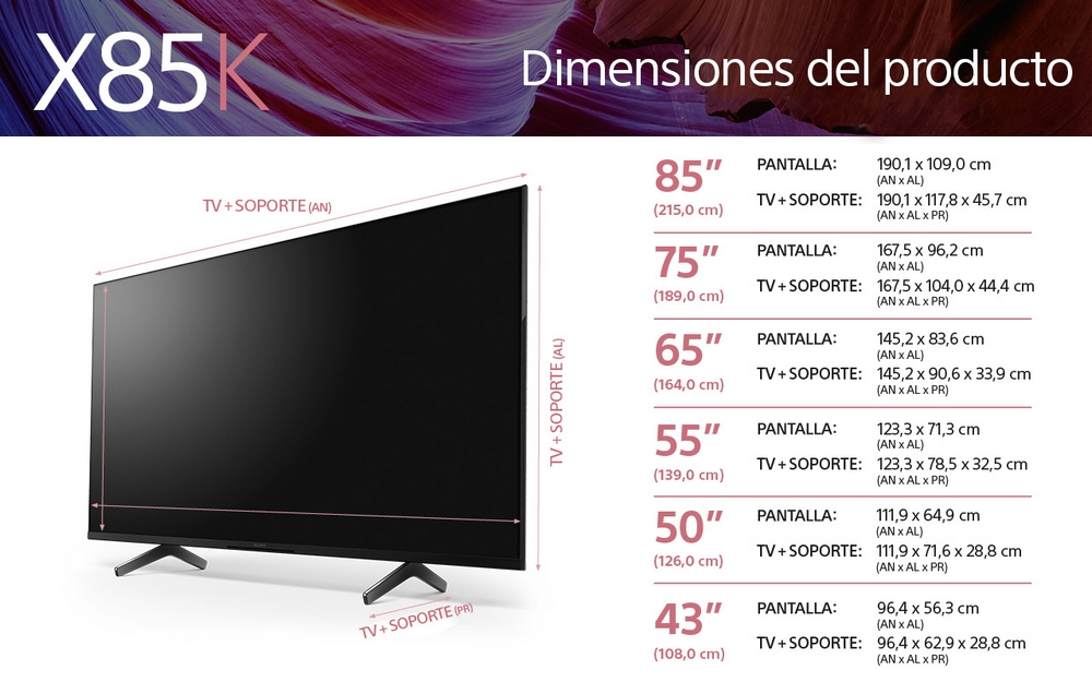 Televisor de pantalla grande con especificaciones de tamaño y dimensiones.