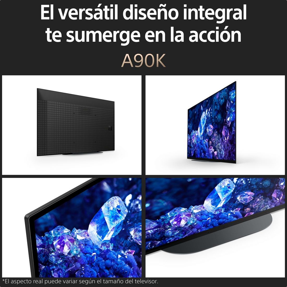 Televisor Sony A90K, varios ángulos, negro, cristales azules, escena oscura.