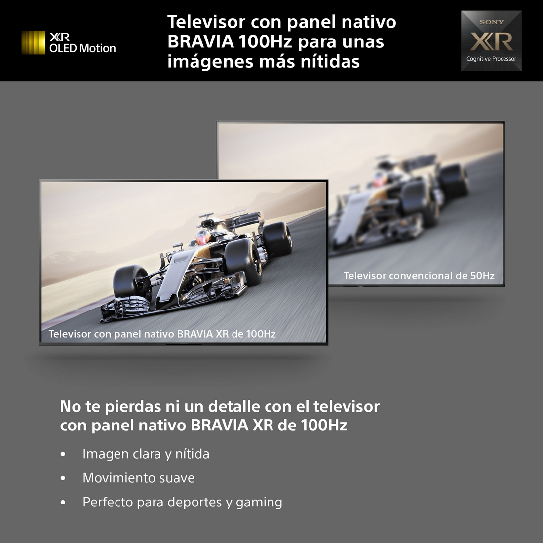 Pantalla de TV con coche de carreras; texto sobre BRAVIA XR 100Hz para imágenes claras.