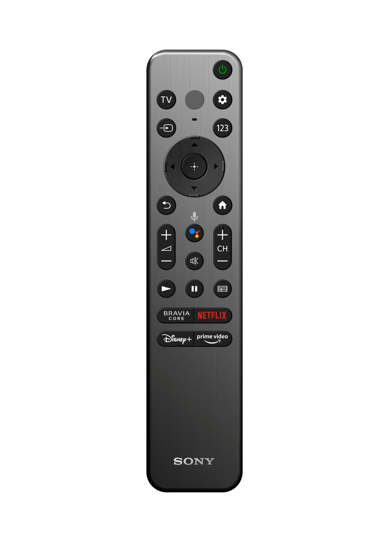 Un mando a distancia plateado de Sony con múltiples botones, incluyendo control de volumen y canal, sobre fondo blanco.