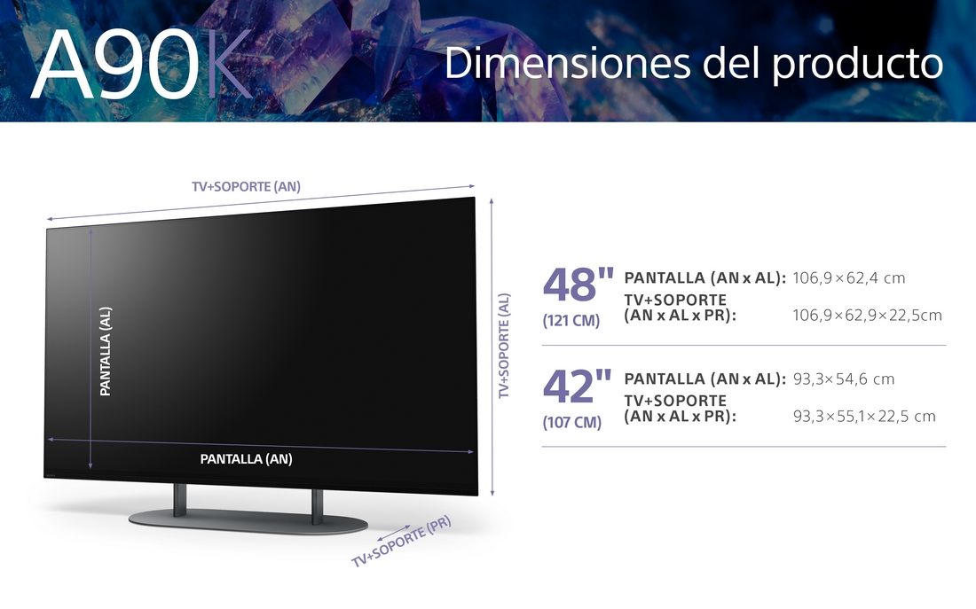 Diagrama de TV con dimensiones, etiquetado 'Pantalla' y 'TV+Soporte'.