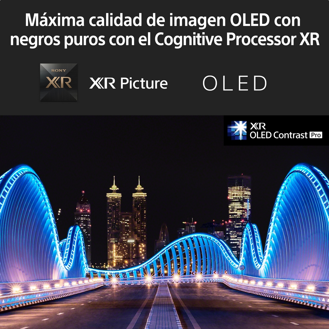 Vista nocturna de una ciudad con un puente iluminado con luces azules, con logotipos de Sony y OLED.