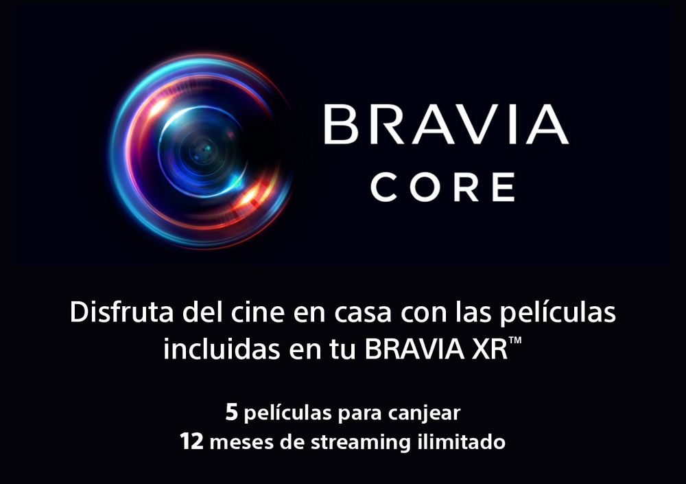 Un gráfico negro con el logotipo de Bravia Core y texto que promociona películas y streaming incluidos.