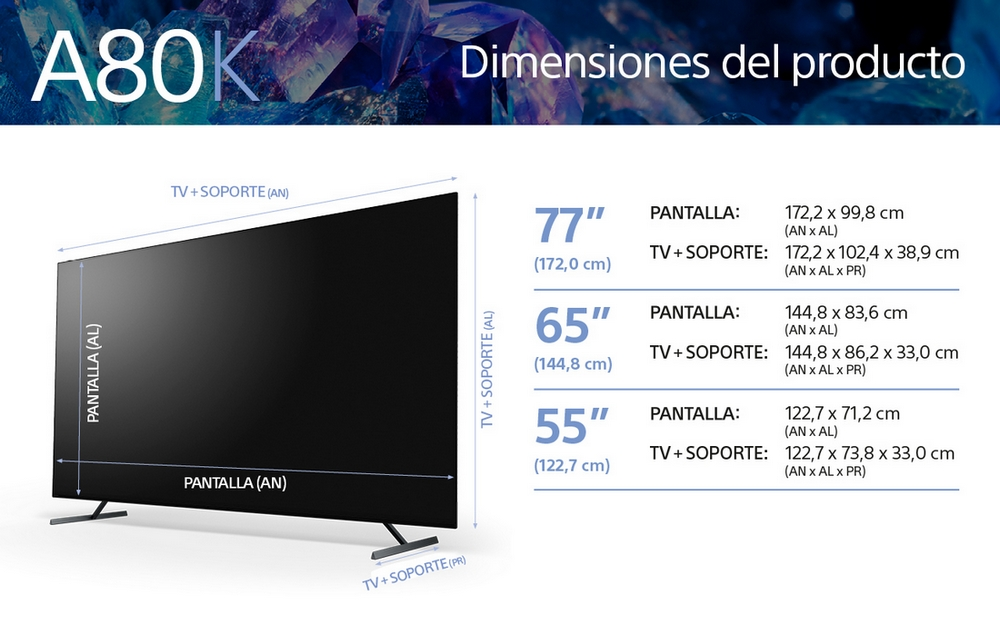 Diagrama de un televisor con dimensiones en pulgadas y centímetros. Texto en español.