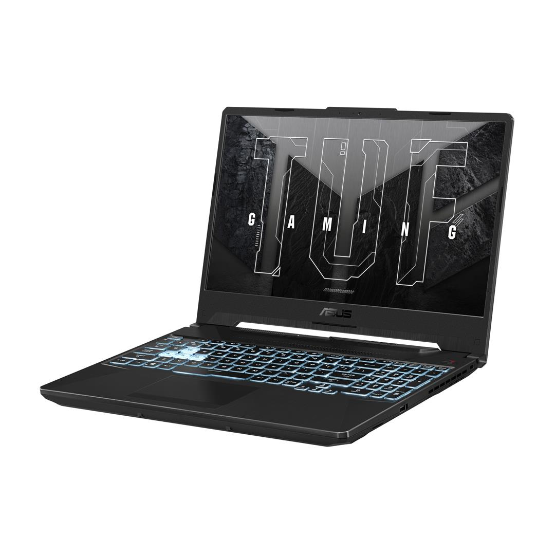 Portátil Asus negro con teclado iluminado. La palabra TUF es visible.