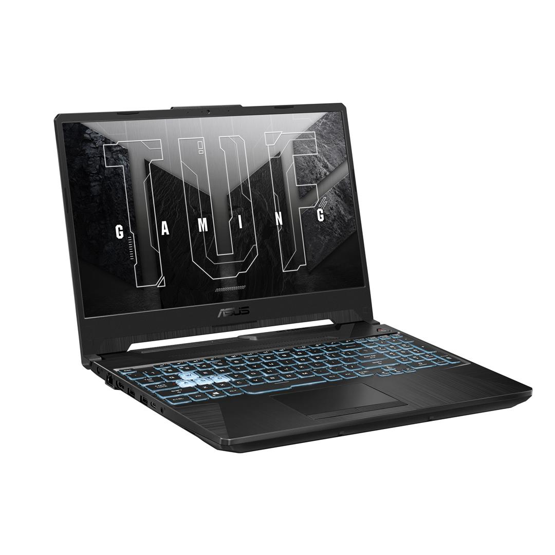 Portátil negro, abierto, teclado iluminado, logo TUF en pantalla, fondo negro y gris.