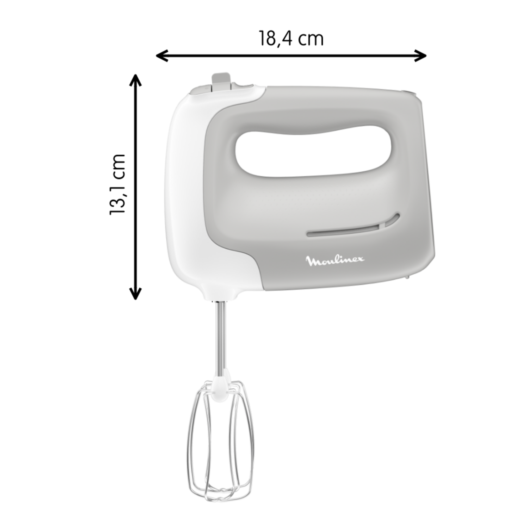Una batidora de mano Moulinex blanca y gris con dimensiones etiquetadas en cm.