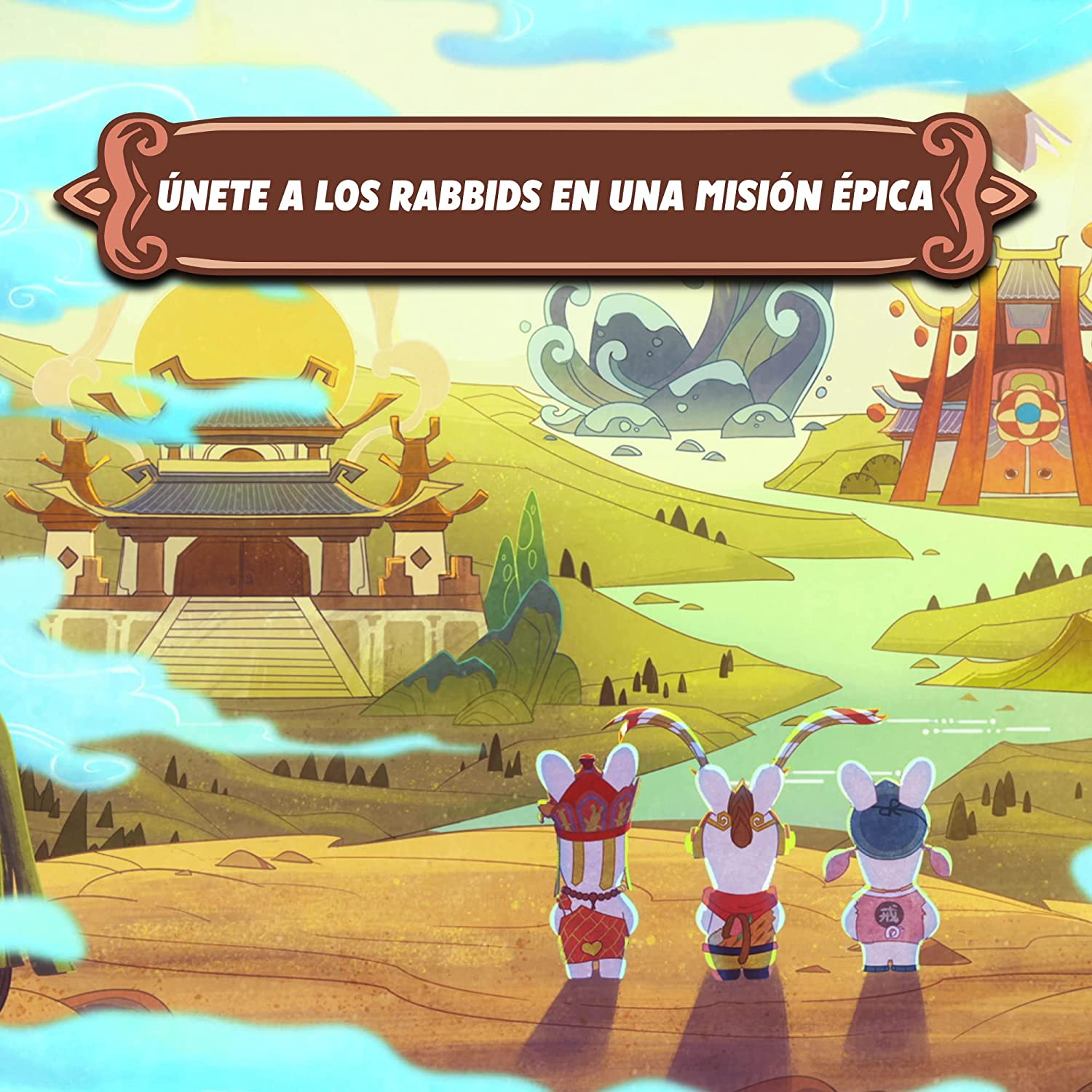 Un paisaje con tres conejos de dibujos animados, promocionando una misión de Rabbids.