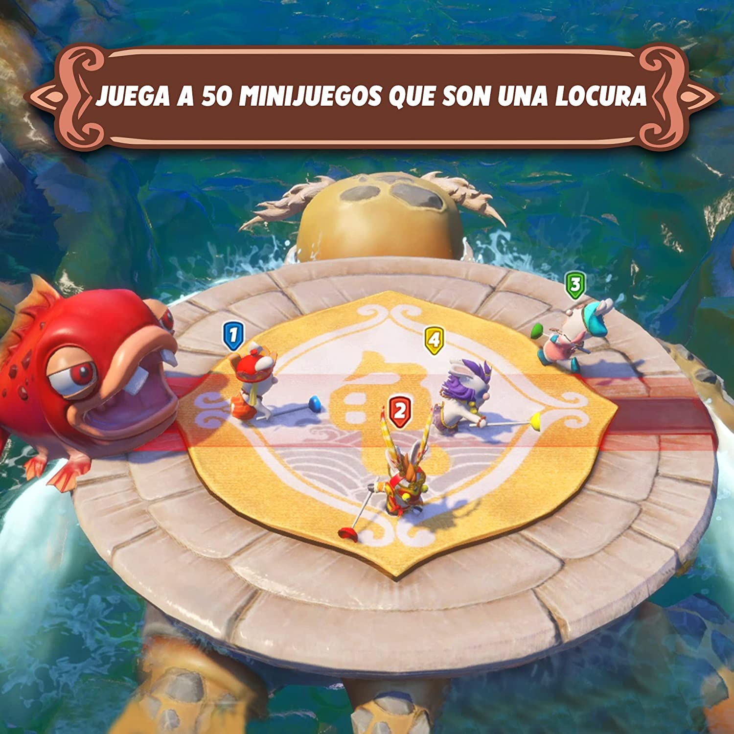 Pantalla de juego con personajes en caparazón de tortuga; texto: Juega 50 minijuegos locos.