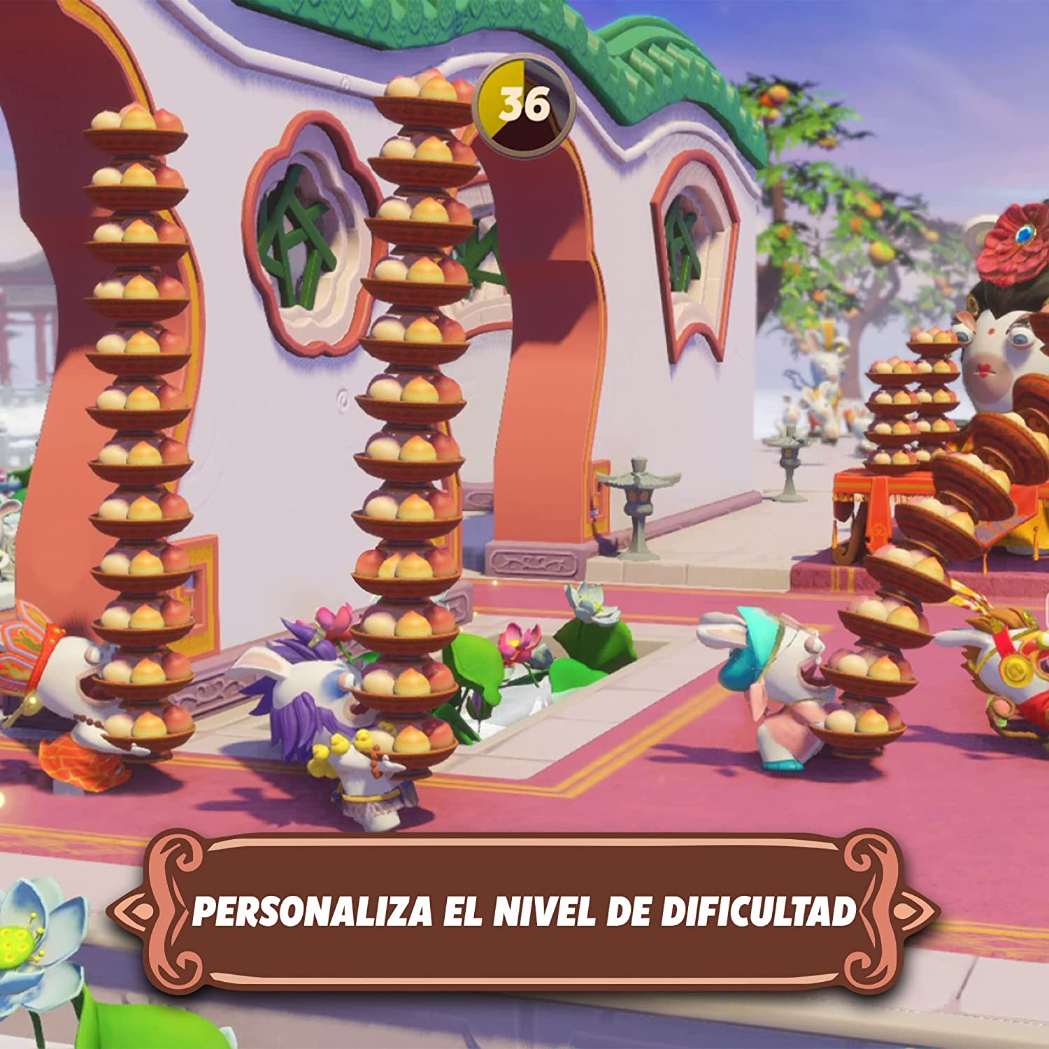 Una escena de juego con personajes conejos apilando comida. Un temporizador muestra '36'. Superposición de texto: 'Personalizar nivel de dificultad'.