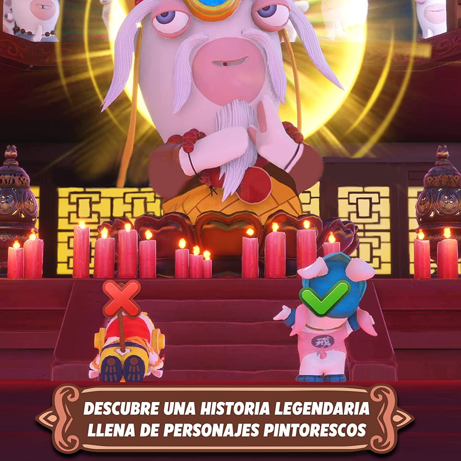 Escena del juego: Rabbids y un personaje en un templo con velas y escaleras. Texto: Descubre una historia legendaria.