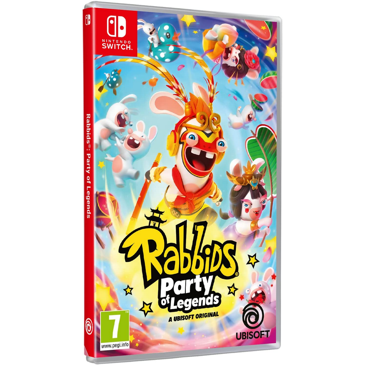 Caja de juego de Nintendo Switch, Rabbids Party of Legends. La portada tiene personajes de Rabbids.
