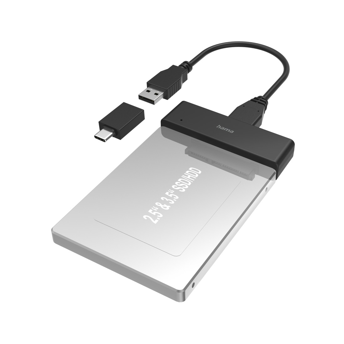 Silbernes externes Festplattengehäuse mit USB-Kabel und USB-C-Adapter.