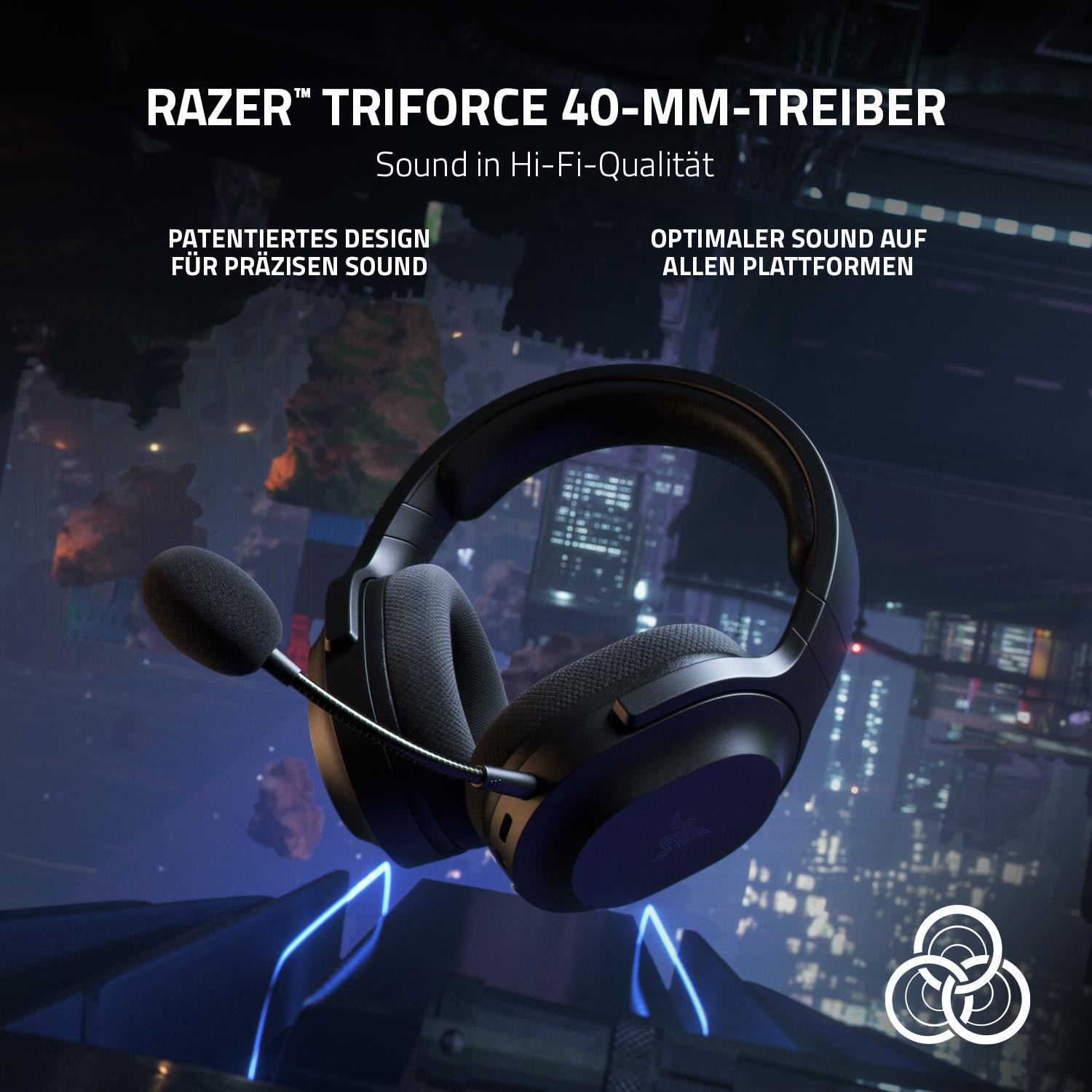 Schwarze Razer-Kopfhörer mit Mikrofon, der Text lautet Razer Triforce 40-MM-Treiber und Sound in Hi-Fi-Qualität.