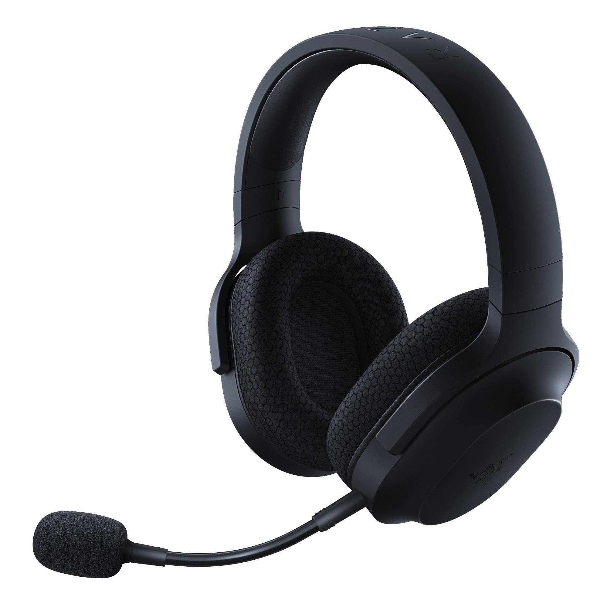 Schwarzes Razer Gaming-Headset mit Mikrofon. Headset mit Ohrmuscheln und Mikrofon an flexiblem Arm.