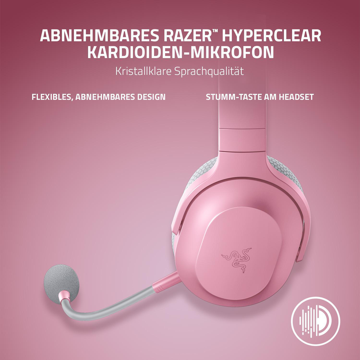 Rosa Gaming-Headset mit abnehmbarem Mikrofon auf rosa Hintergrund.