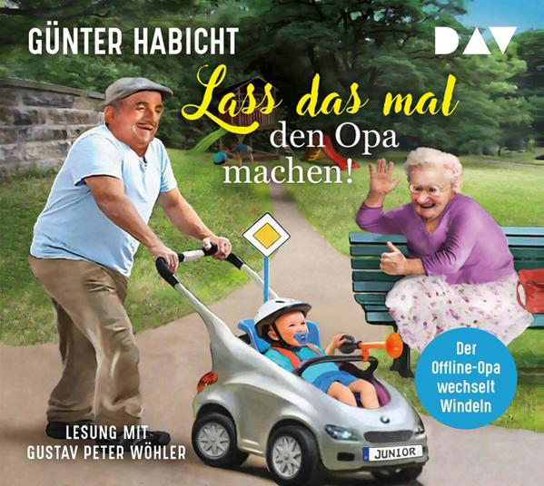 Buchcover mit Mann, der Kinderwagen schiebt, alter Dame, die winkt, und Text.