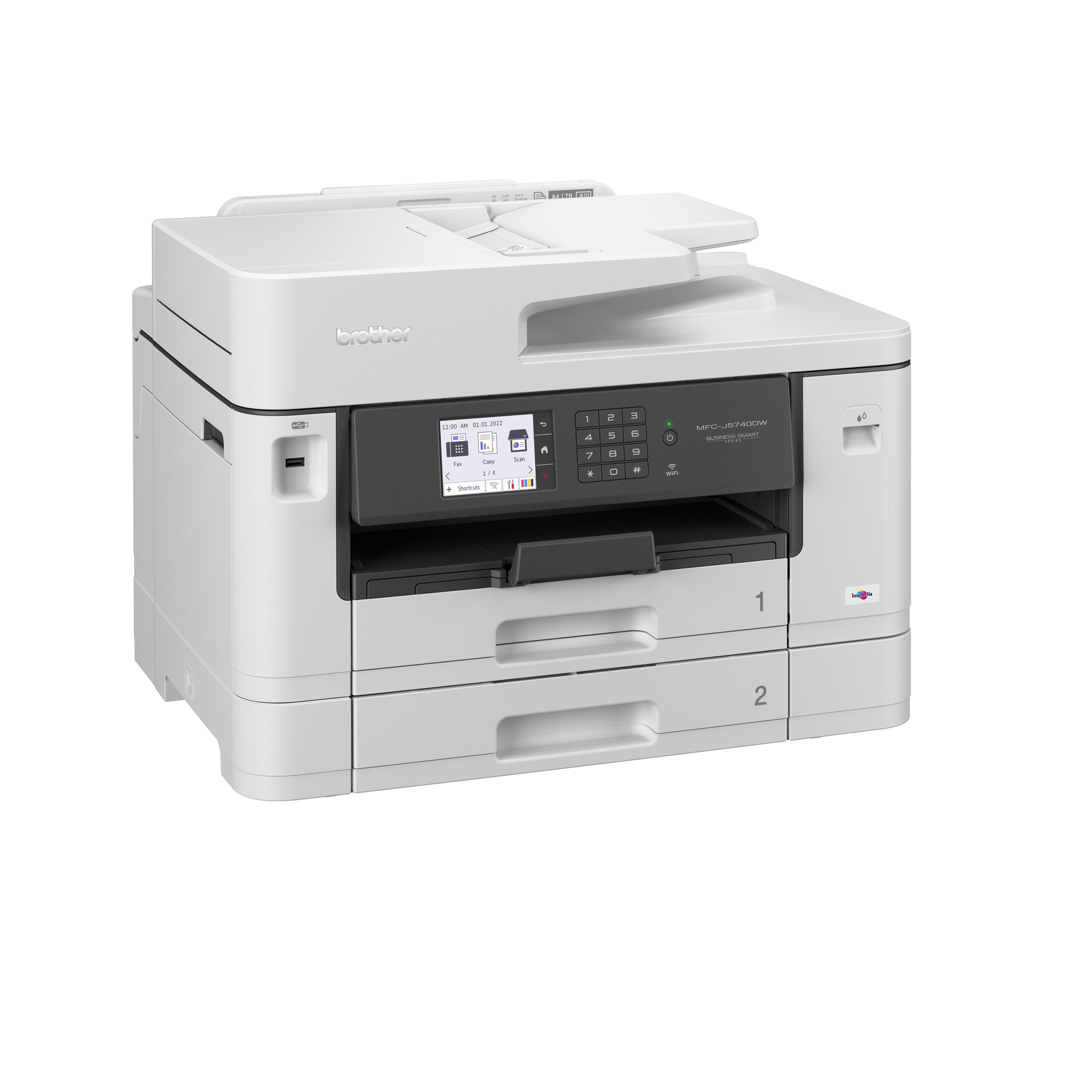 Weißer Brother Multifunktionsdrucker. Er hat ein Bedienfeld und Papierfächer.