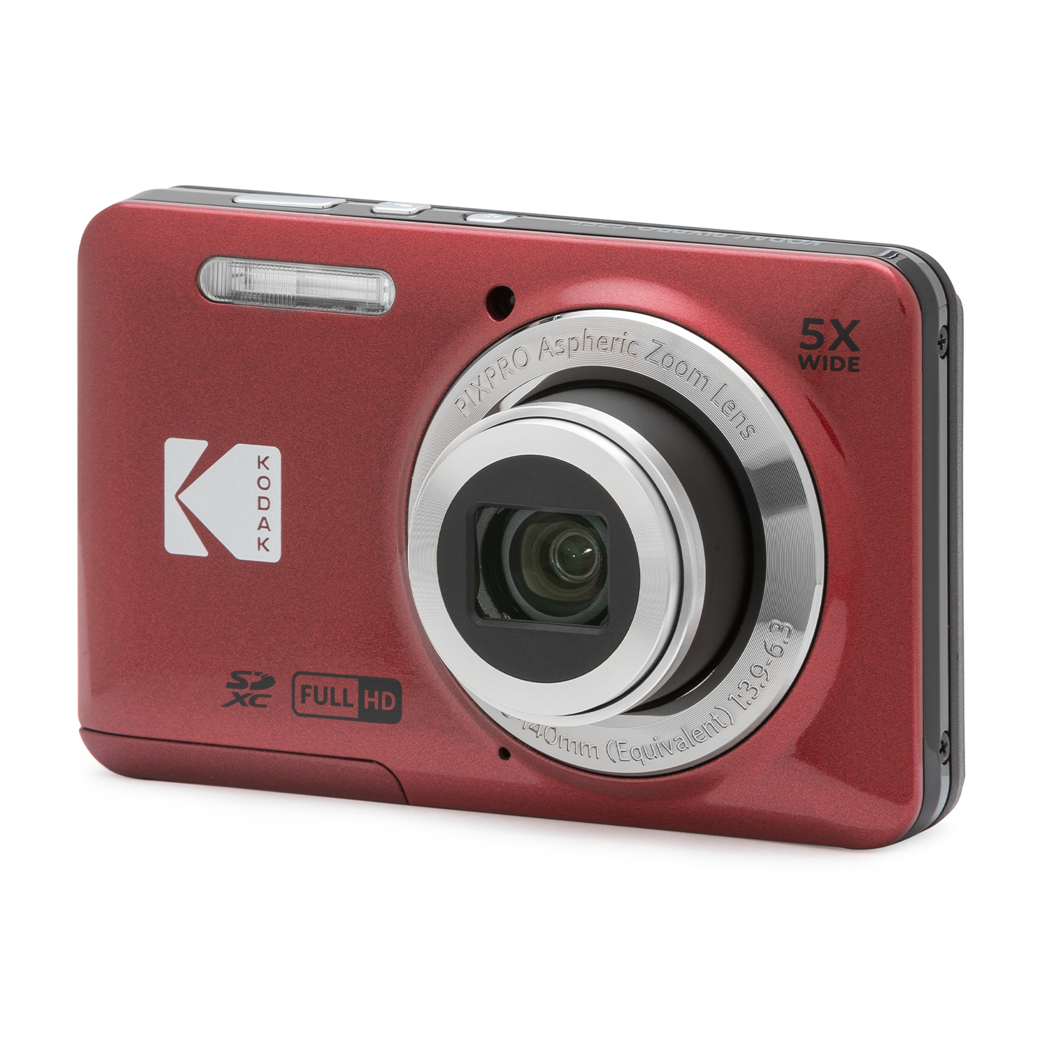 Una fotocamera Kodak rossa con obiettivo e flash.