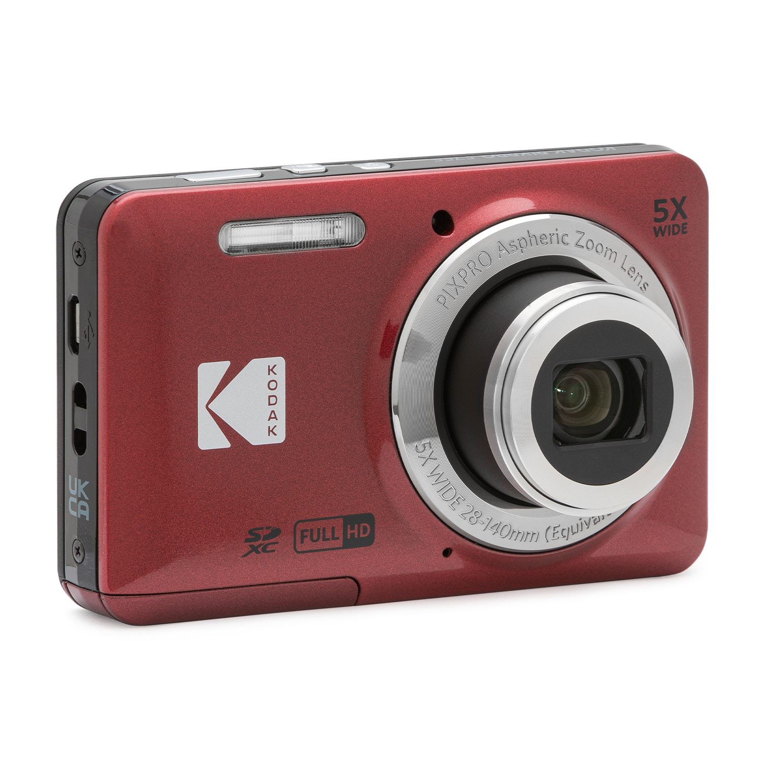 Una fotocamera digitale Kodak rossa con obiettivo argentato, pulsanti e schermo.