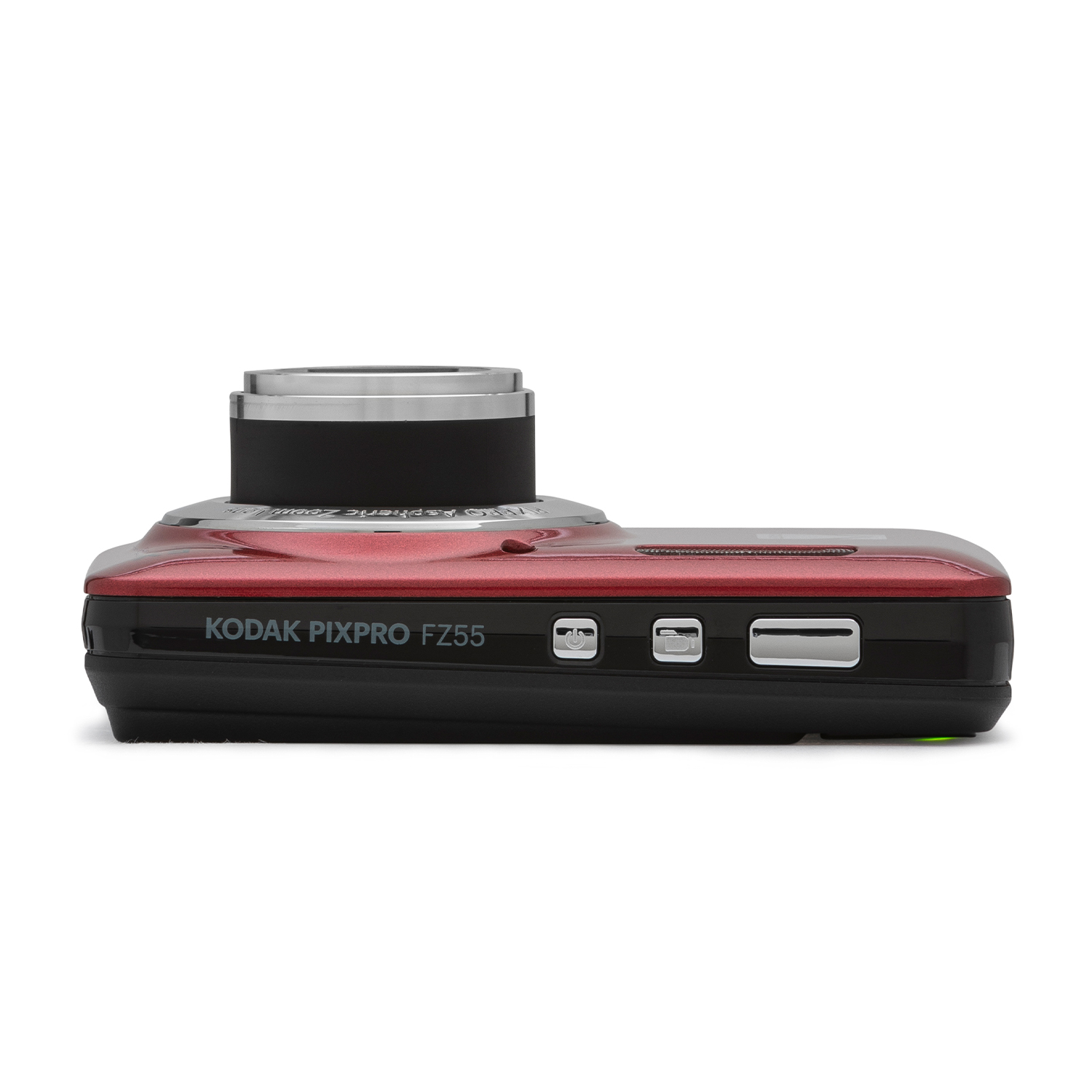 Una fotocamera Kodak Pixpro FZ55 rossa e nera, vista lateralmente, con porte e pulsanti visibili.