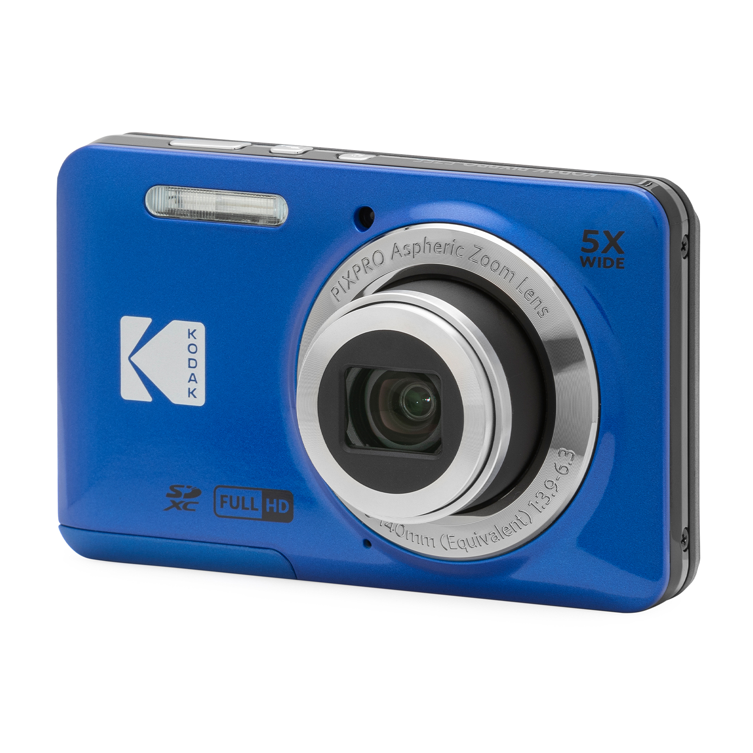 Fotocamera digitale blu, obiettivo al centro, pulsanti e controlli visibili, sfondo bianco.