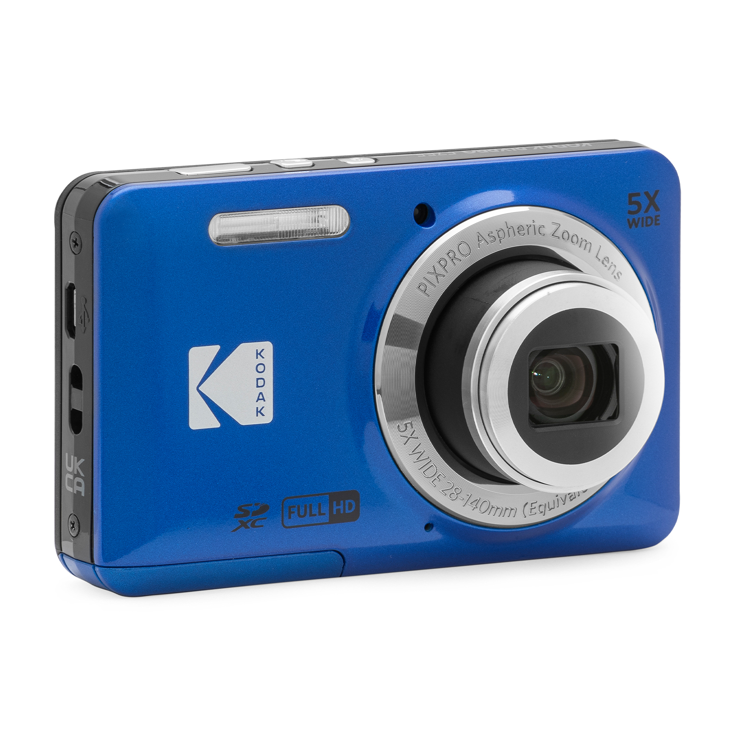 Fotocamera digitale Kodak blu con obiettivo argentato e sfondo bianco.