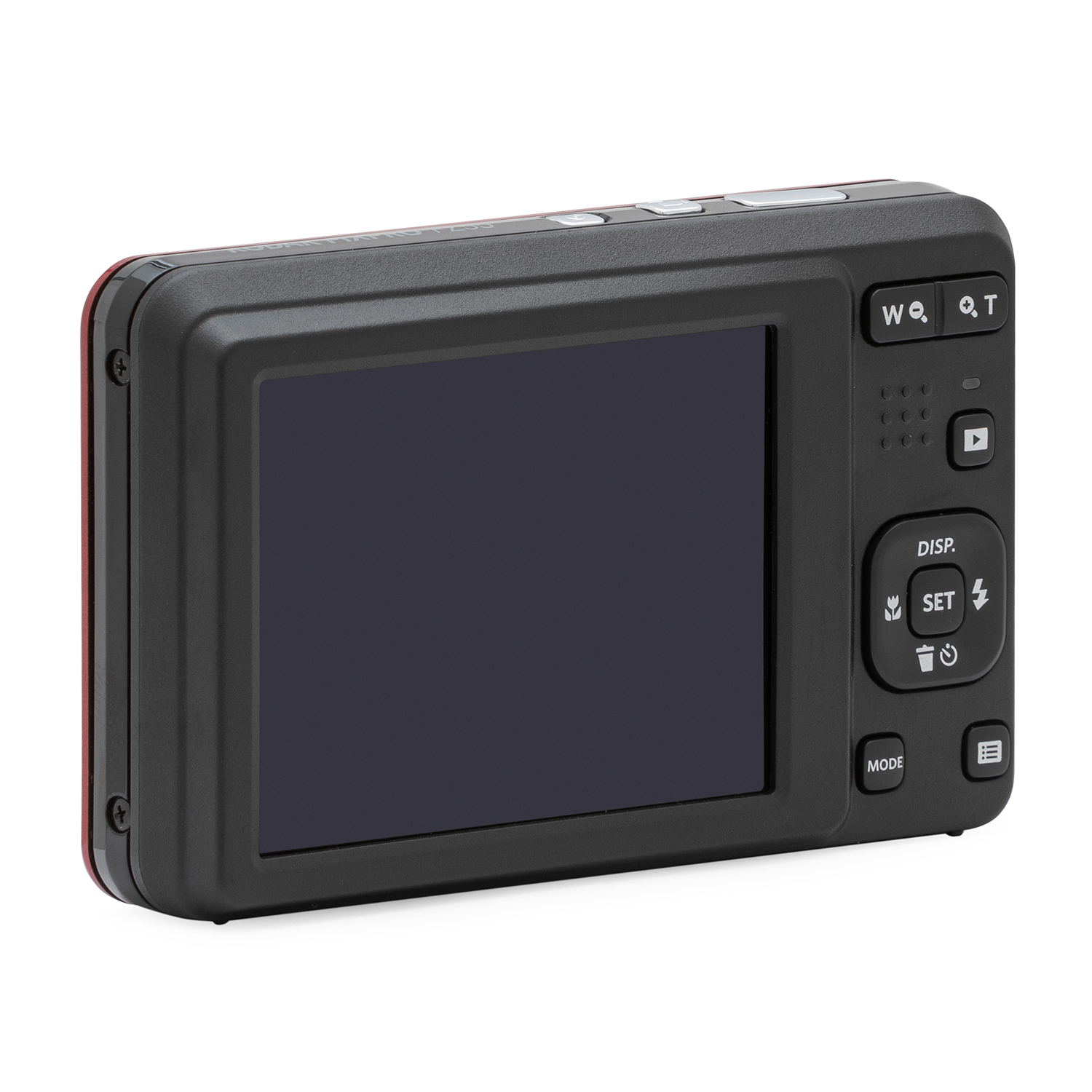 Fotocamera digitale nera e rossa, che mostra lo schermo posteriore e i pulsanti.