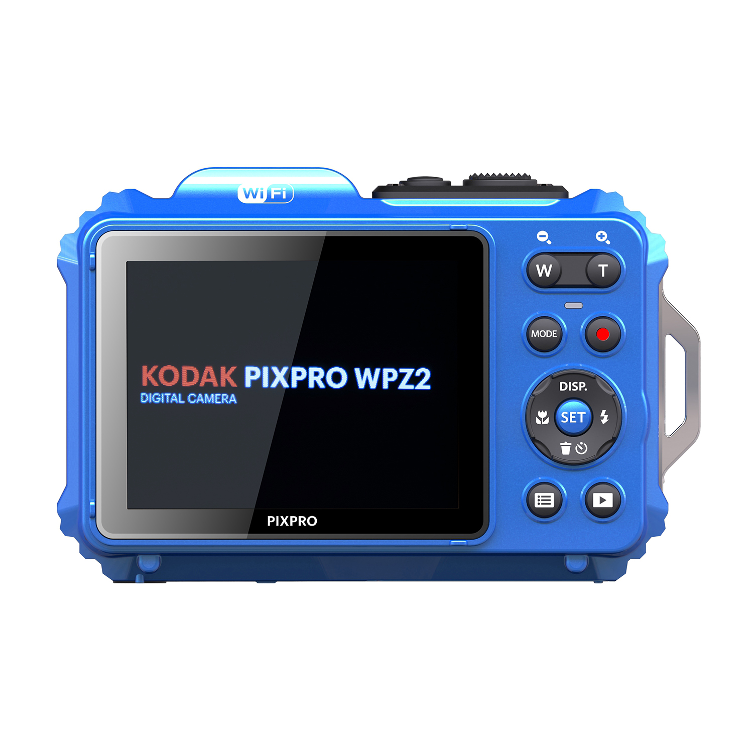 Fotocamera digitale blu Kodak Pixpro WPZ2. Ha uno schermo e pulsanti etichettati.