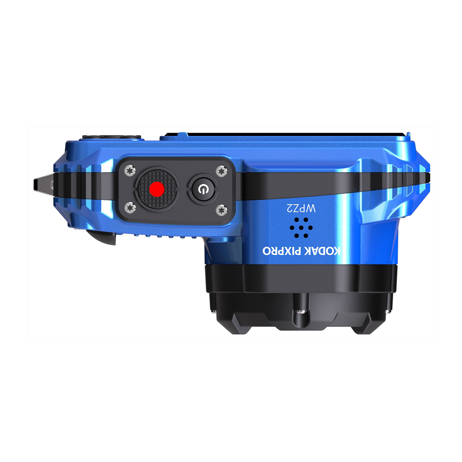 Fotocamera blu impermeabile, vista dall'alto, con pulsante di registrazione rosso e pulsante di accensione.