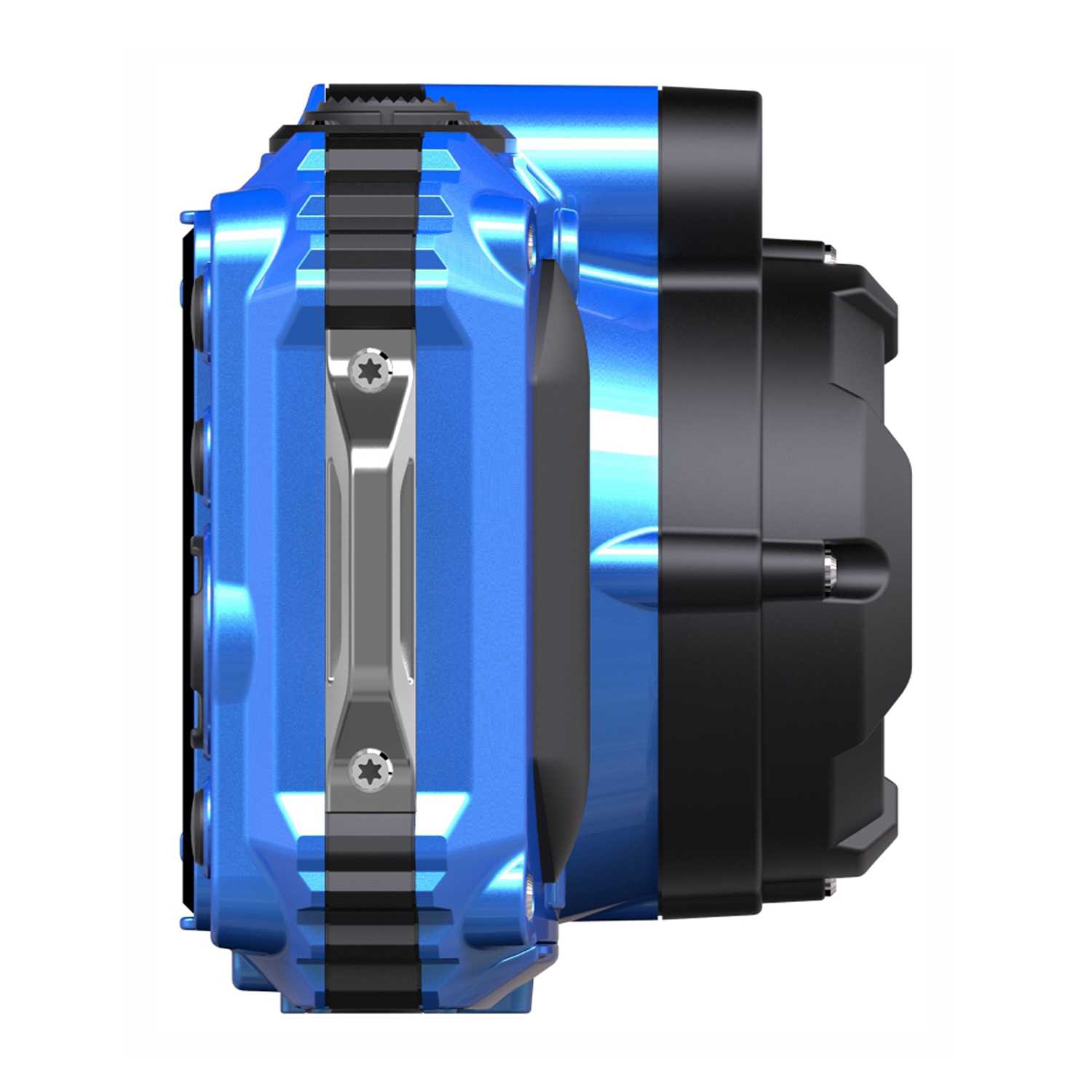 Ventola di raffreddamento blu e nera per computer, con viti e dettagli metallici.