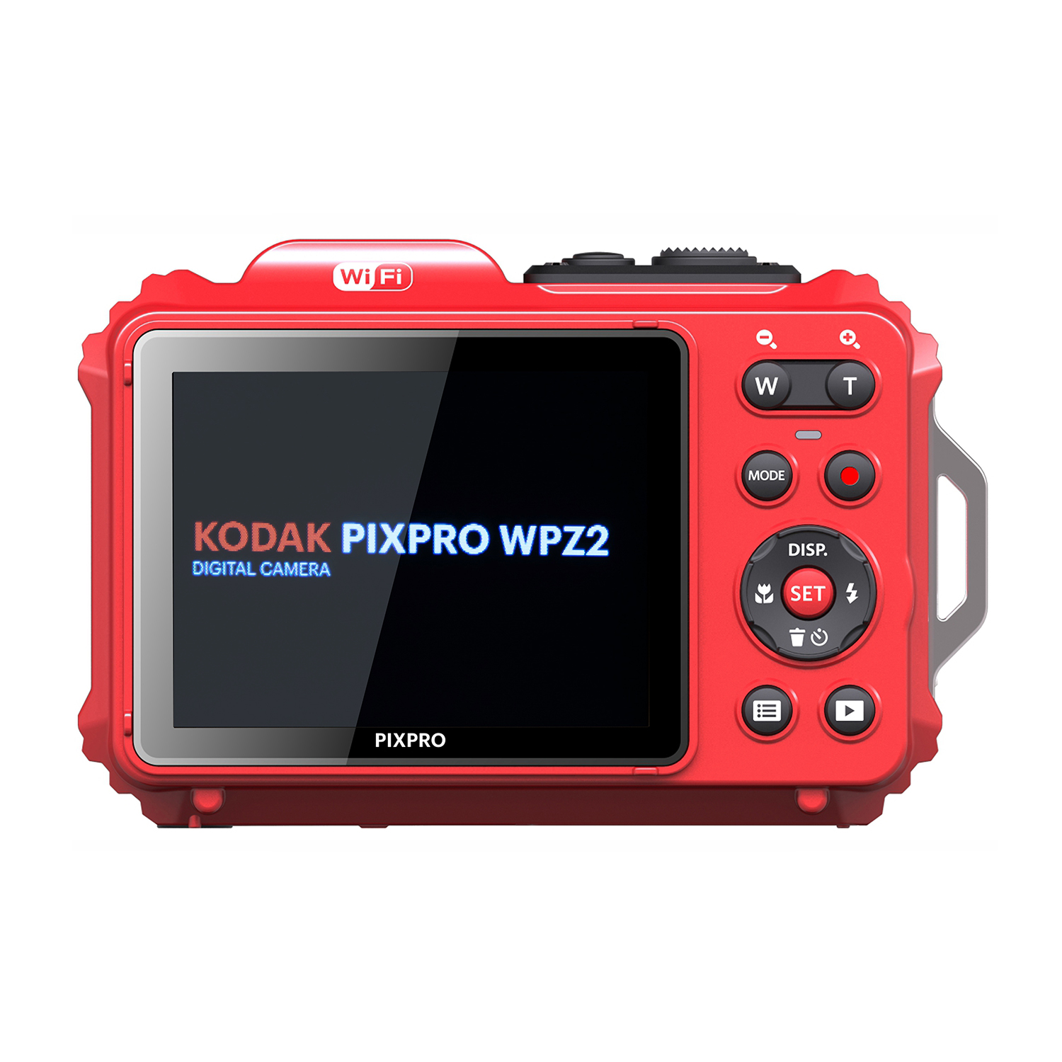 Fotocamera digitale rossa Kodak Pixpro WPZ2, vista posteriore. Lo schermo visualizza testo. Pulsanti visibili.