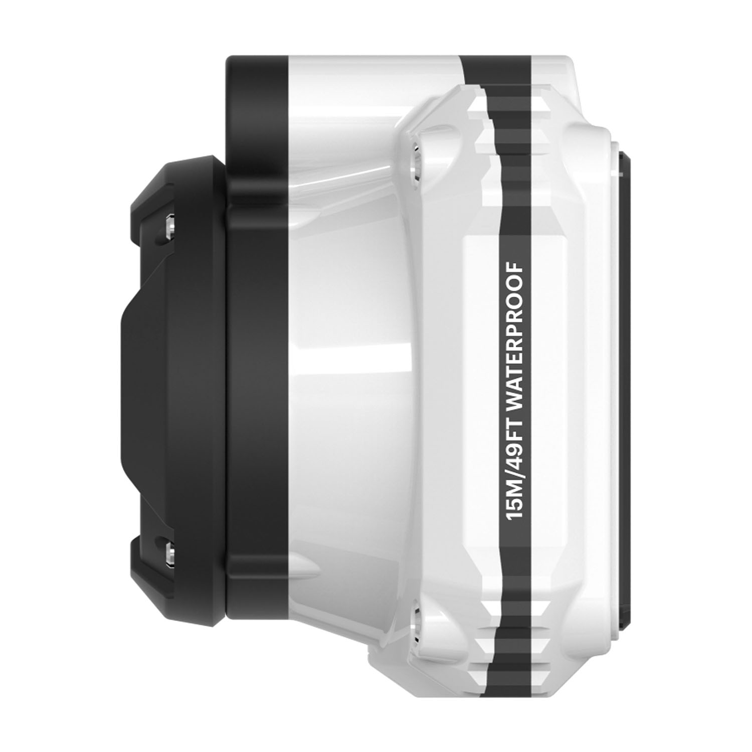 Dispositivo bianco impermeabile con dettagli neri, testo: 15M/49FT WATERPROOF.