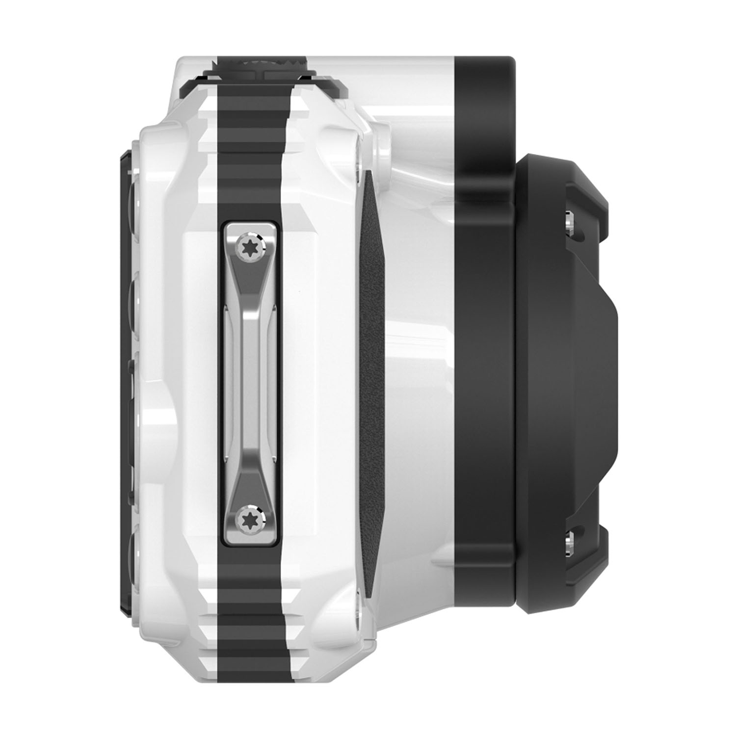 Una action cam bianca e nera con un design robusto.