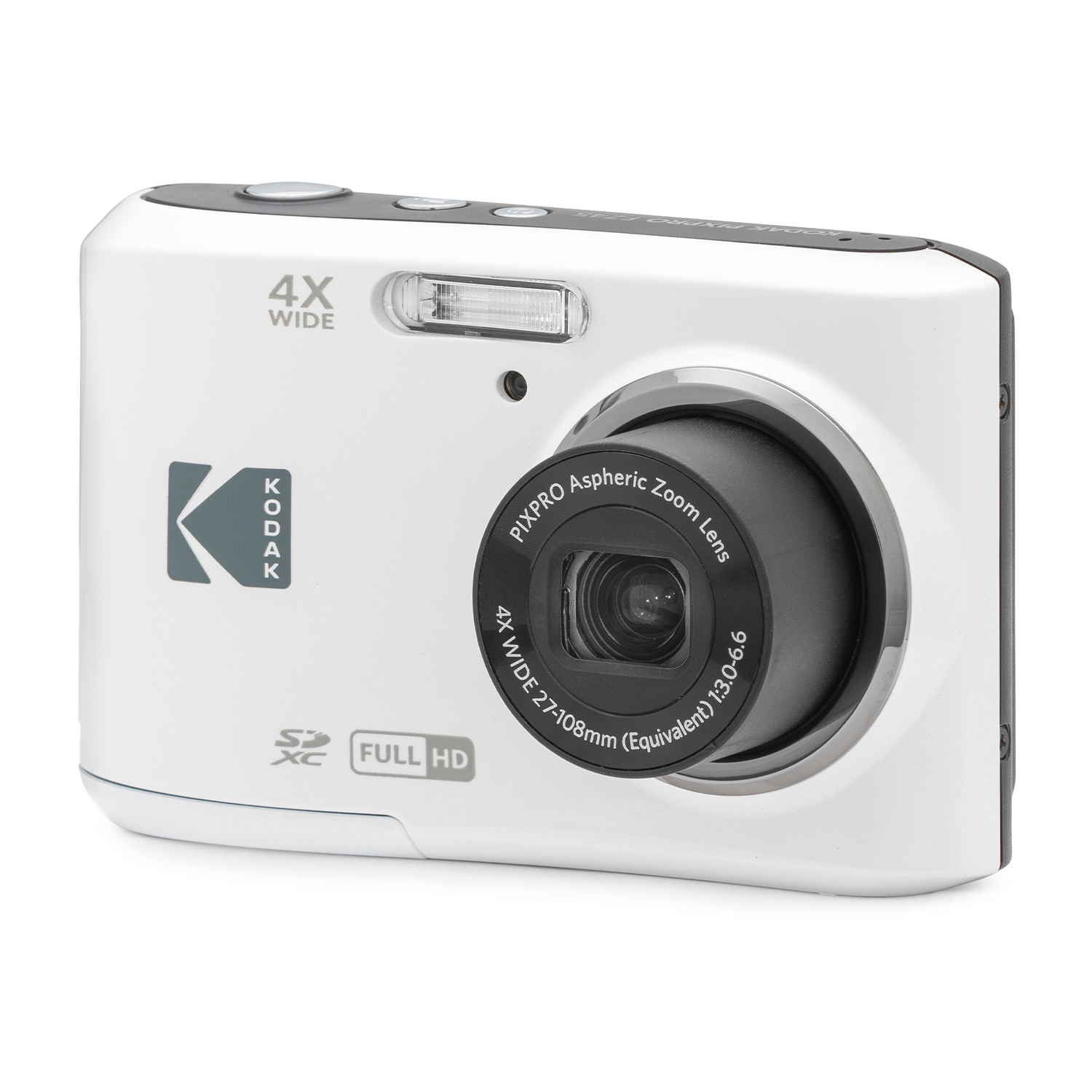 Fotocamera Kodak Pixpro bianca. Ha un obiettivo, un flash e diversi pulsanti.