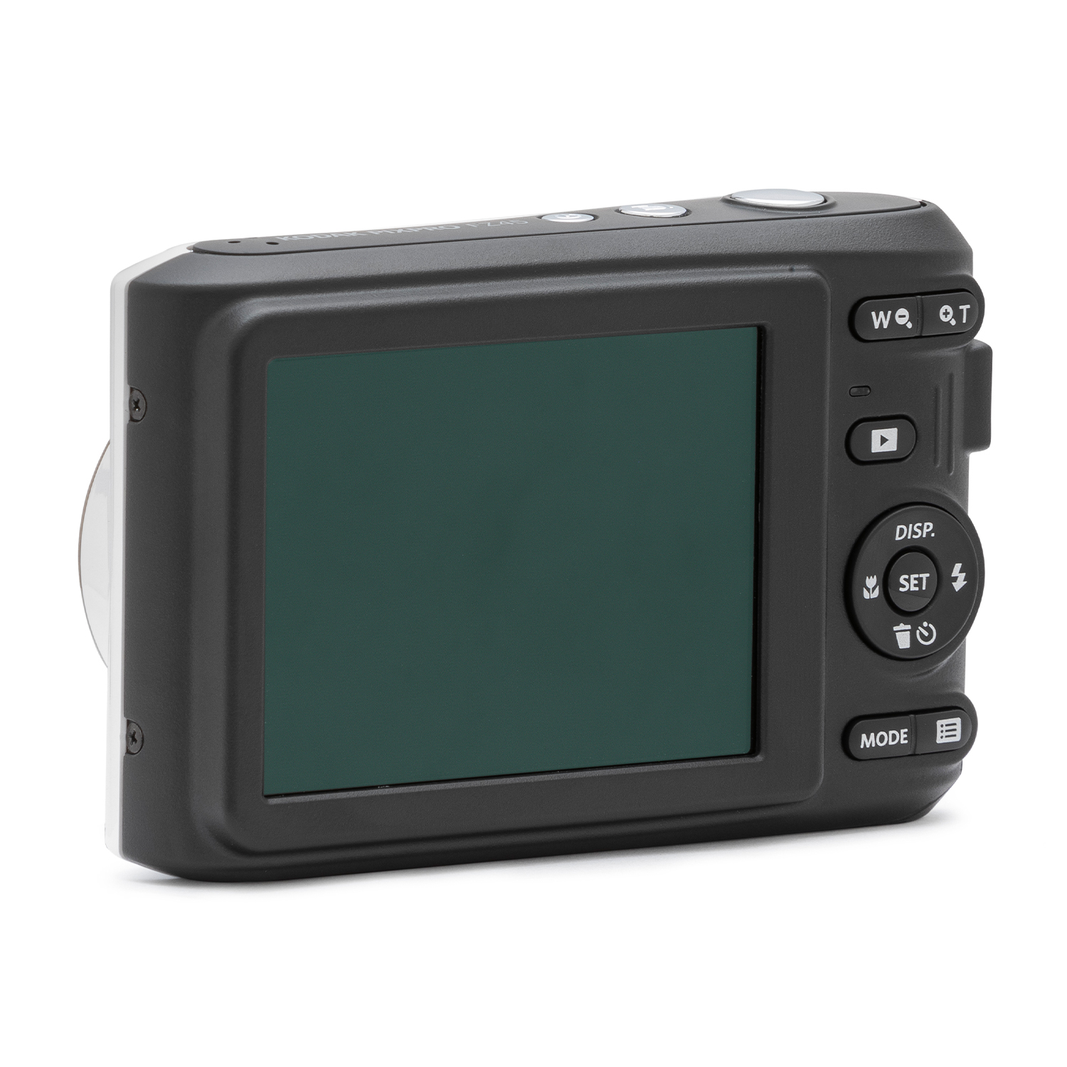 Retrocamera nera con schermo, pulsanti e testo.