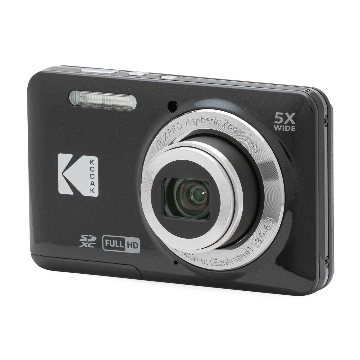 Fotocamera Kodak nera. Una fotocamera con flash e un anello argentato intorno all'obiettivo.