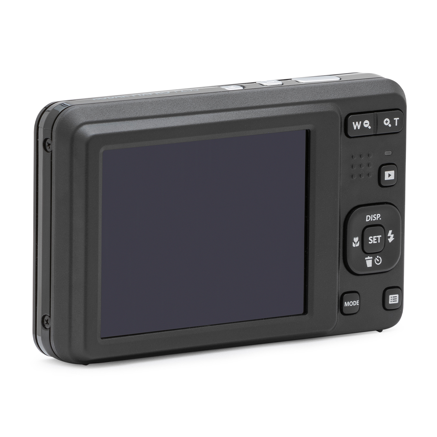 Fotocamera digitale nera, vista posteriore con schermo e pulsanti.