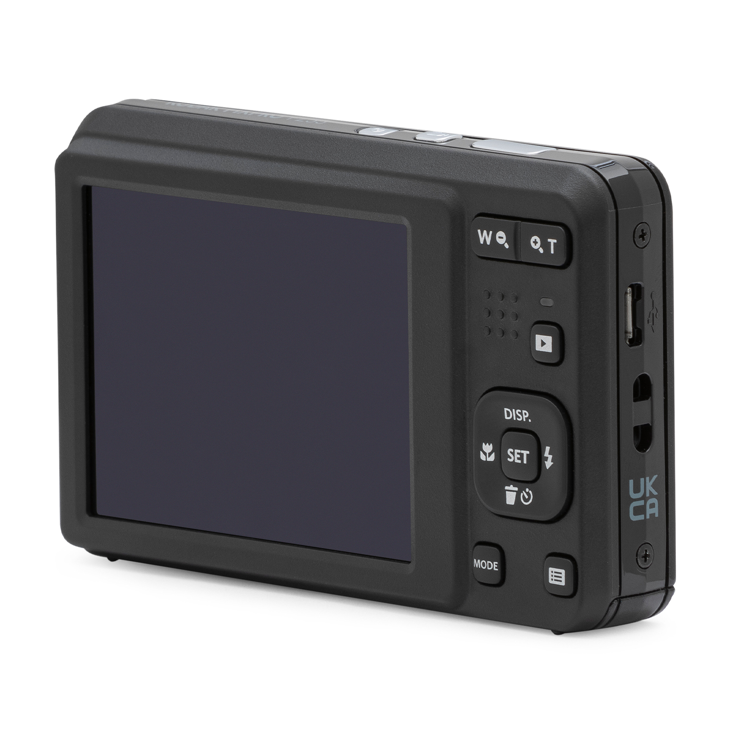 Una fotocamera nera con uno schermo che mostra l'interfaccia, i pulsanti e una porta USB.