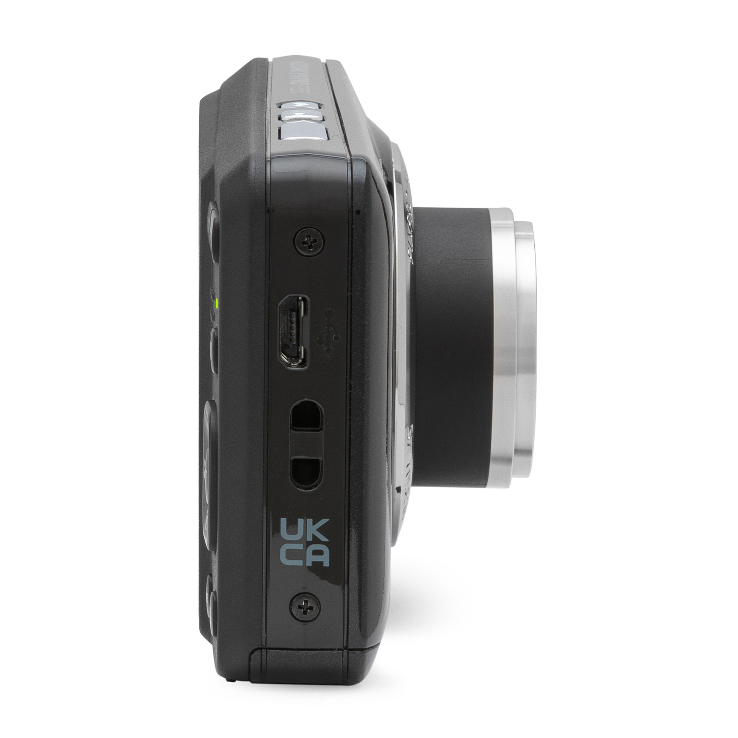 Vista laterale di una fotocamera nera con obiettivo, pulsanti e porta USB.