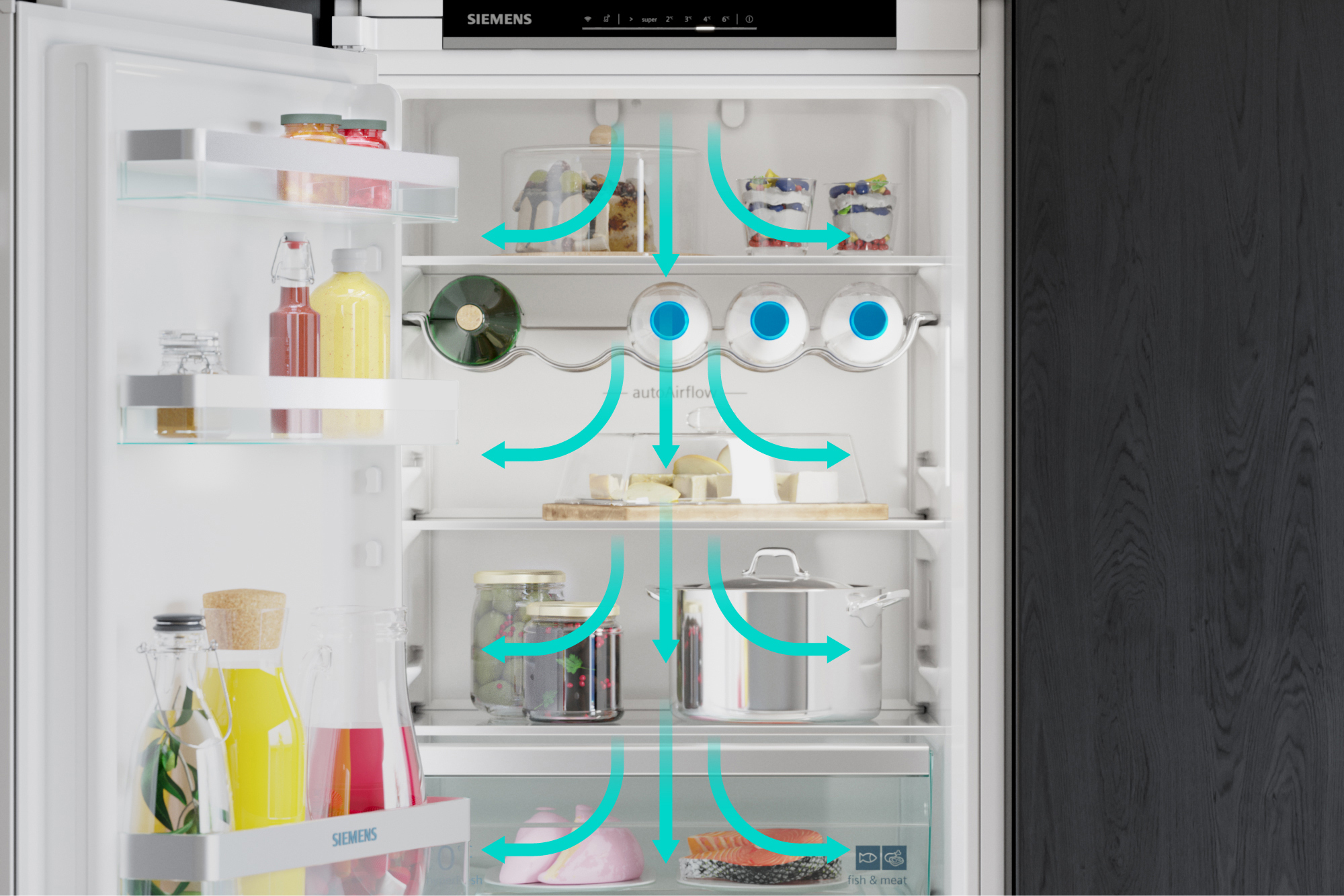 Open refrigerator with food items and air flow indicators.